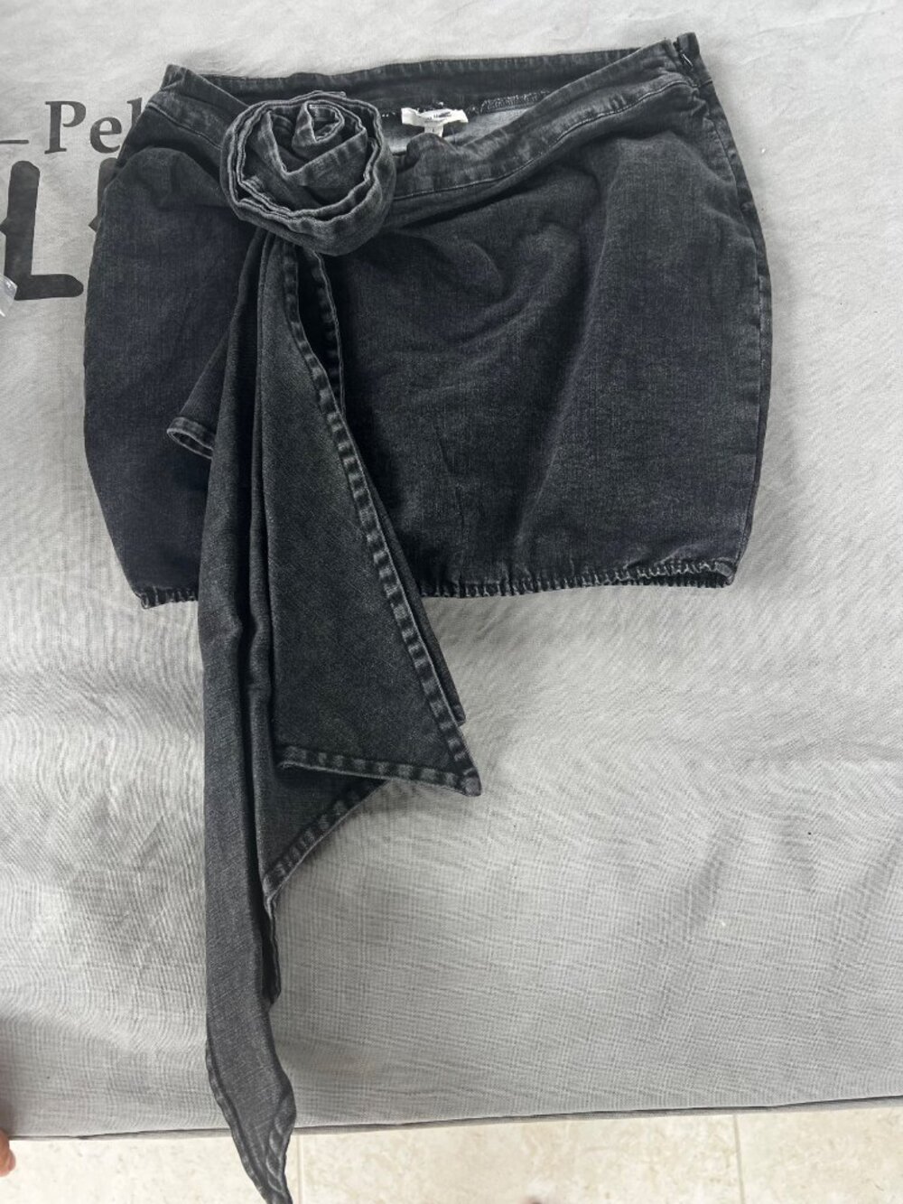 Womens Black Denim Skirt Large Denim 3D Flower Strechy LARGE
